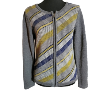 Talbots Gray Blue Yellow Crewneck Full Zip Front Sweater Size S/M Petite EUC